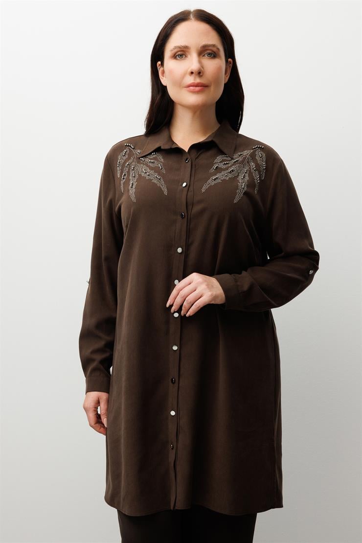 Modailgi  Ön Robaları Yaprak Desenli Taş Tunik Kahve