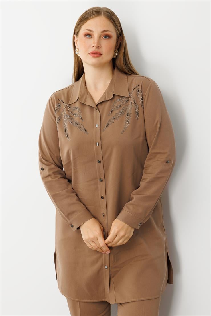 Modailgi  Ön Robaları Yaprak Desenli Taş Tunik Vizon