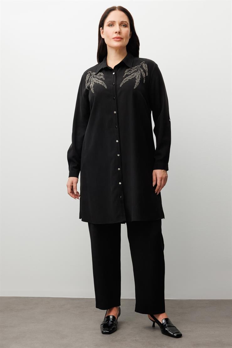 Modailgi  Ön Robaları Yaprak Desenli Taş Tunik Siyah