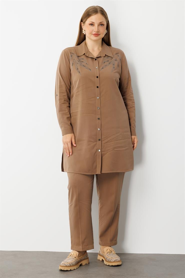 Modailgi  Ön Robaları Yaprak Desenli Taş Tunik Vizon