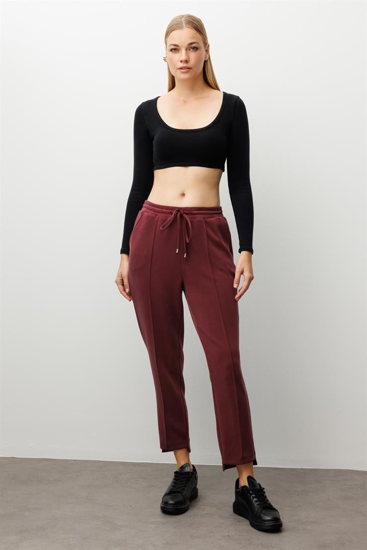 Modailgi  Önde Nervür Detaylı Beli Tünel Bağcıklı Bilek Boy Örme Pantolon - 15065 Bordo