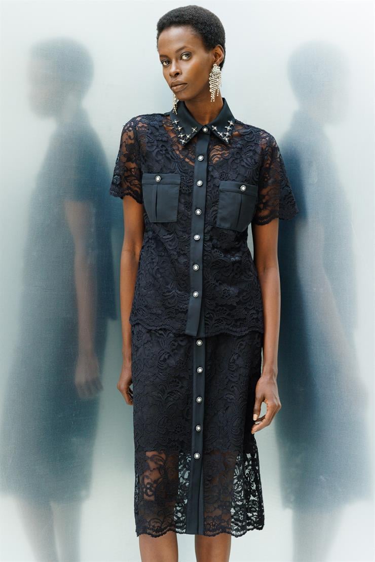 Modailgi  Önden Düğmeli Dantel Etek - 1570 Siyah