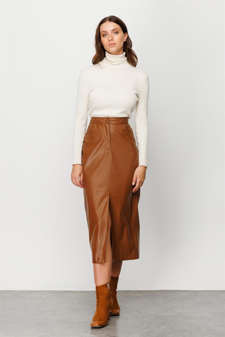 Modailgi  Önden Yırtmaçlı Deri Etek Taba