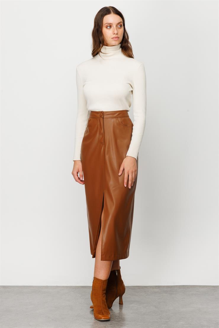 Modailgi  Önden Yırtmaçlı Deri Etek Taba