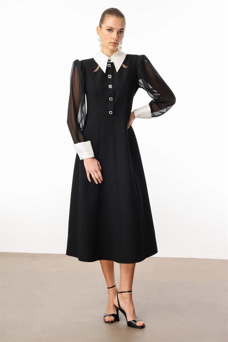 Modailgi  Önlük Yaka Kolları Şifon Kloş Elbise Siyah