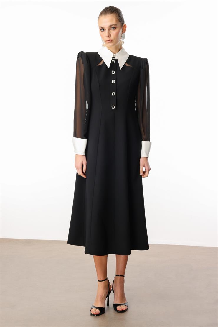 Modailgi  Önlük Yaka Kolları Şifon Kloş Elbise Siyah