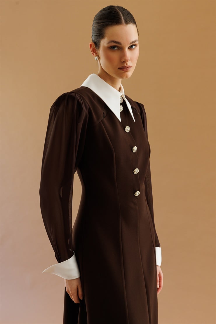 Modailgi  Önlük Yaka Kolları Şifon Kloş Elbise Kahve