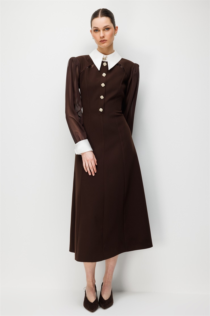 Modailgi  Önlük Yaka Kolları Şifon Kloş Elbise Kahve