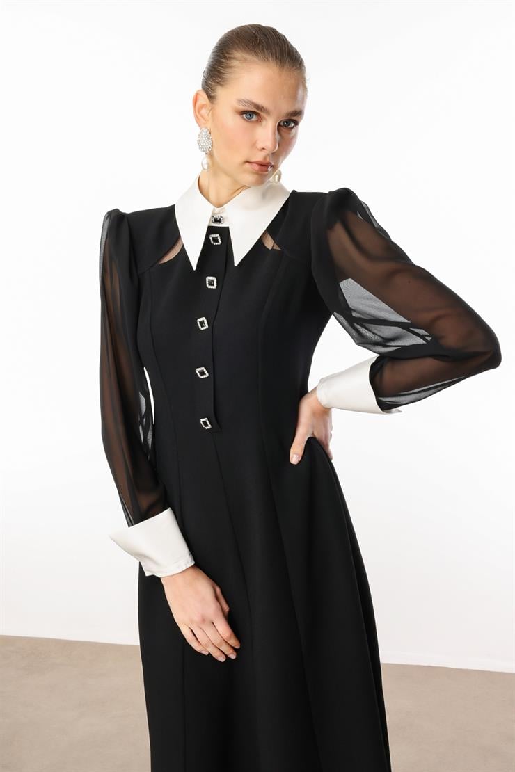 Modailgi  Önlük Yaka Kolları Şifon Kloş Elbise Siyah