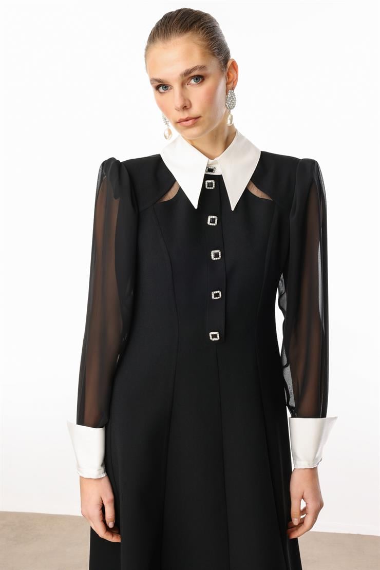 Modailgi  Önlük Yaka Kolları Şifon Kloş Elbise Siyah