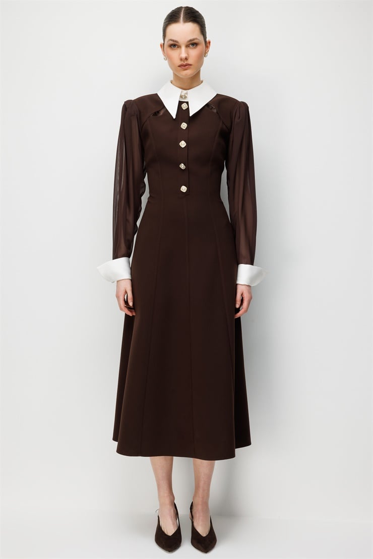 Modailgi  Önlük Yaka Kolları Şifon Kloş Elbise Kahve