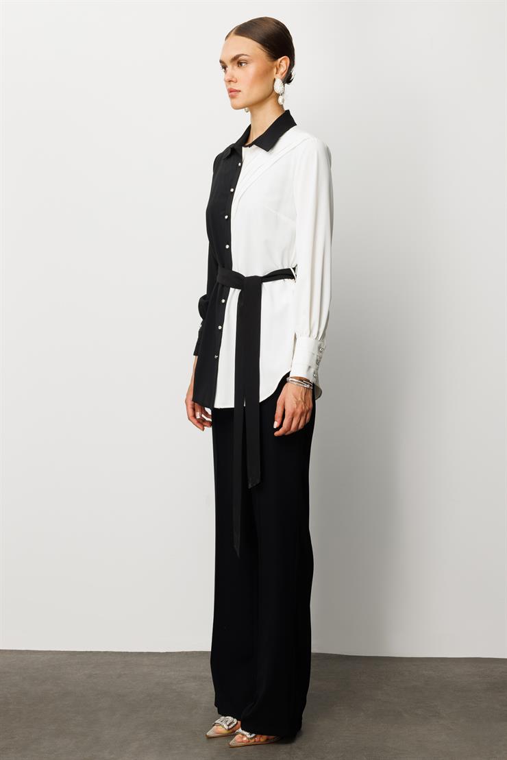 Modailgi  Önü Pileli Kuşaklı Renk Kombinli Gömlek Siyah/Ekru