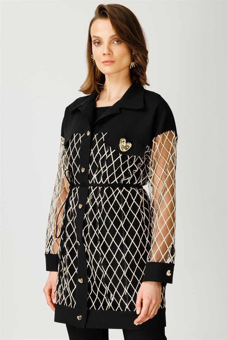 Modailgi  Organze Baklava Dantel Uzun Ceket Siyah