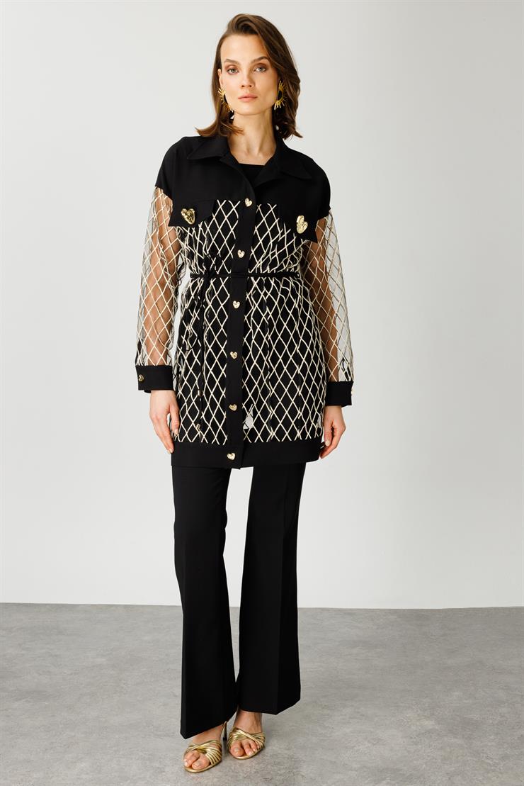 Modailgi  Organze Baklava Dantel Uzun Ceket Siyah