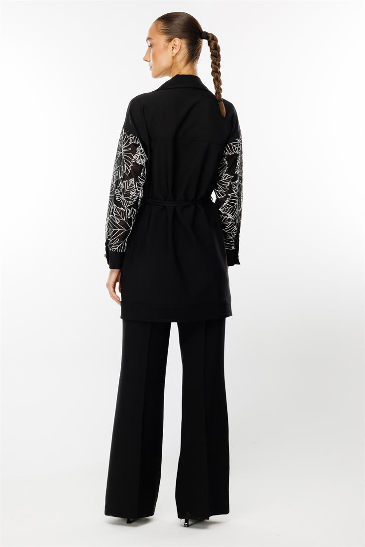 Modailgi  Organze Çiçek Dantel Atletli Uzun Ceket Siyah