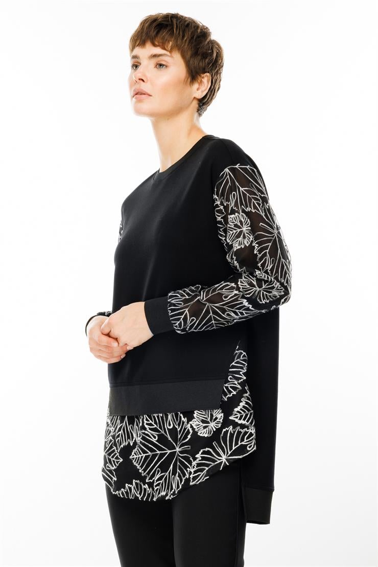 Modailgi  Organze Çiçek Dantelli Sıfır Yaka Tunik Siyah