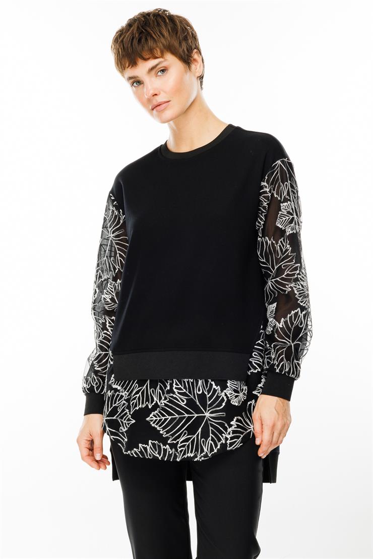 Modailgi  Organze Çiçek Dantelli Sıfır Yaka Tunik Siyah