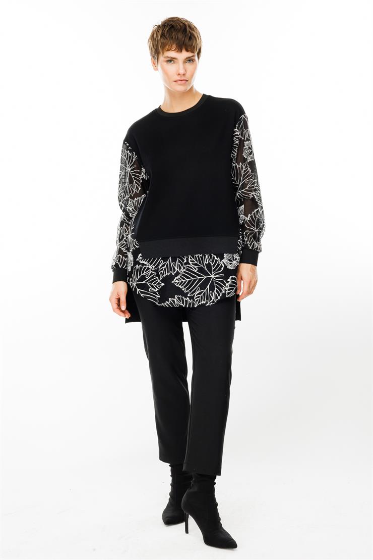 Modailgi  Organze Çiçek Dantelli Sıfır Yaka Tunik Siyah