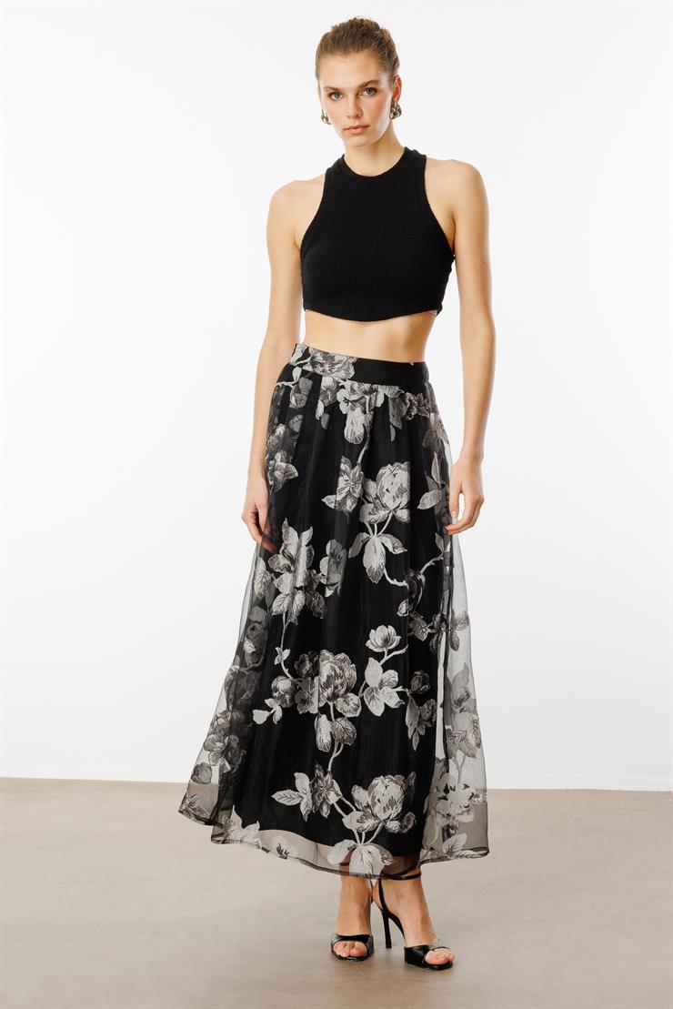 Modailgi  Organze Çiçek Desenli Uzun Etek Siyah