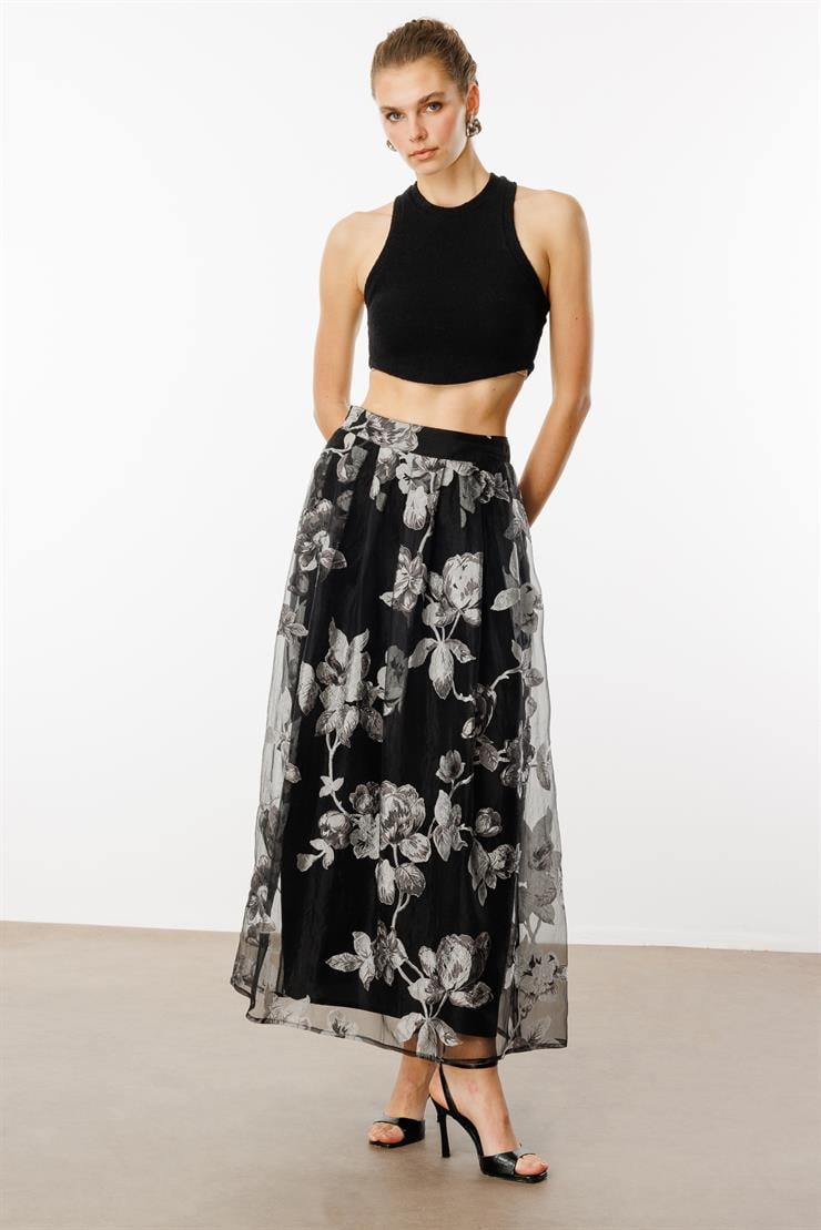 Modailgi  Organze Çiçek Desenli Uzun Etek Siyah