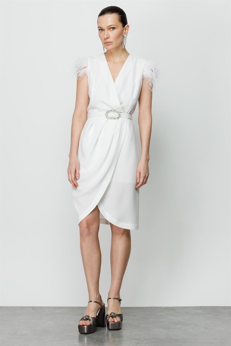 Modailgi  Otriş Detaylı Kruvaze Kolsuz Elbise Ekru