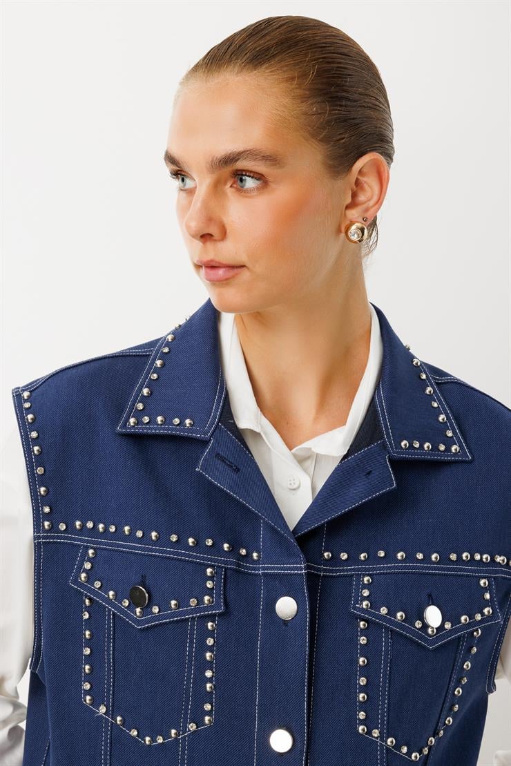 Modailgi  Oversize Metal Aksesuar Detaylı Yelek İndigo