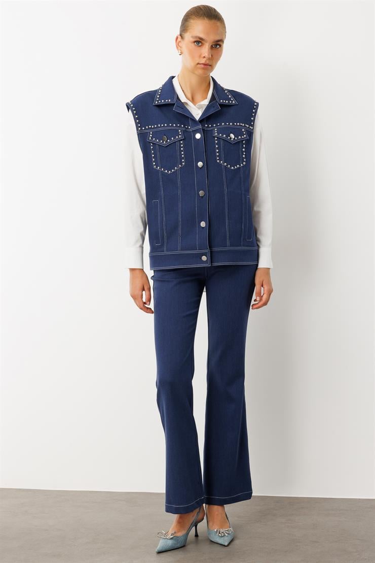Modailgi  Oversize Metal Aksesuar Detaylı Yelek İndigo
