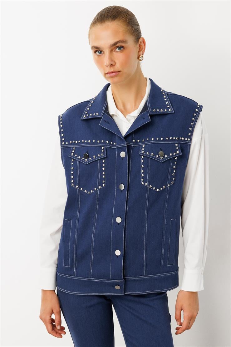 Modailgi  Oversize Metal Aksesuar Detaylı Yelek İndigo