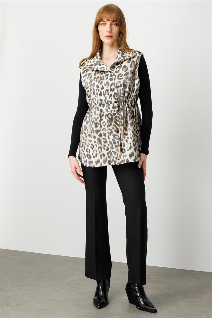 Modailgi  Oversize Organze ve Apolet Detaylı Fermuarlı Leoparlı Yelek Leopar