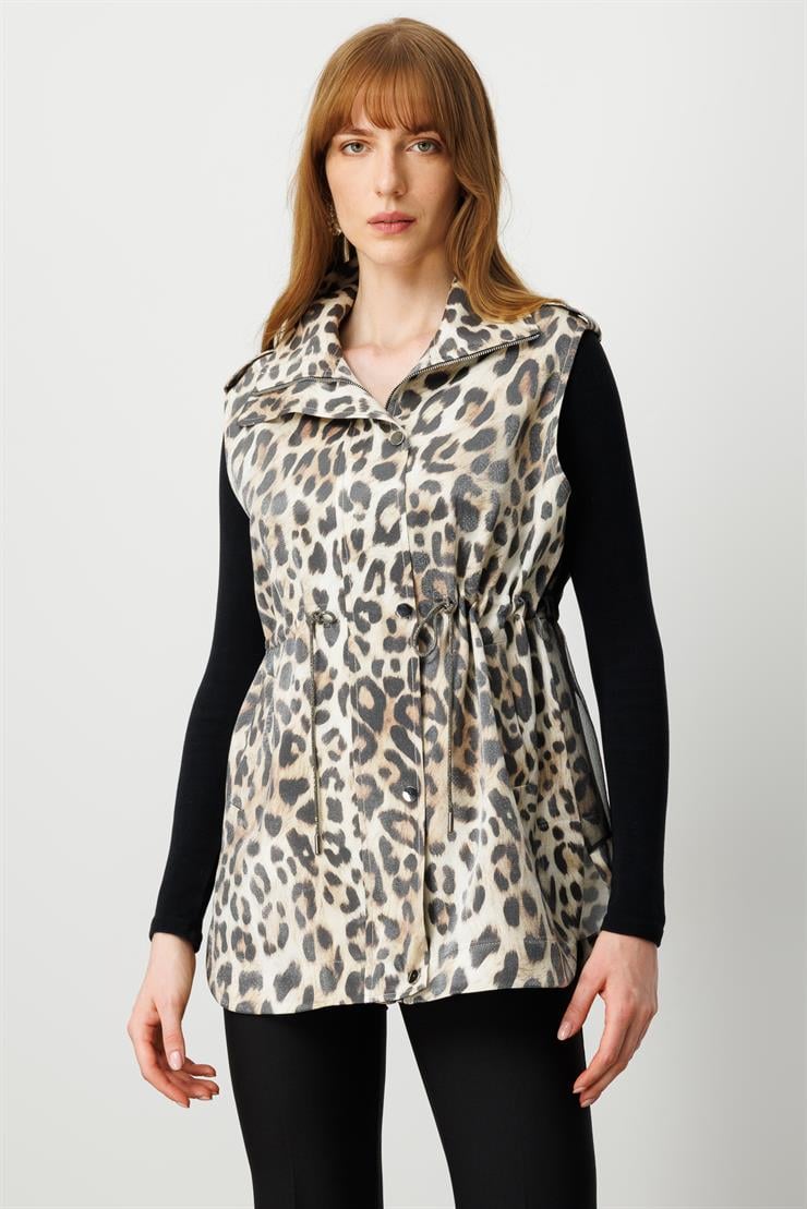 Modailgi  Oversize Organze ve Apolet Detaylı Fermuarlı Leoparlı Yelek Leopar