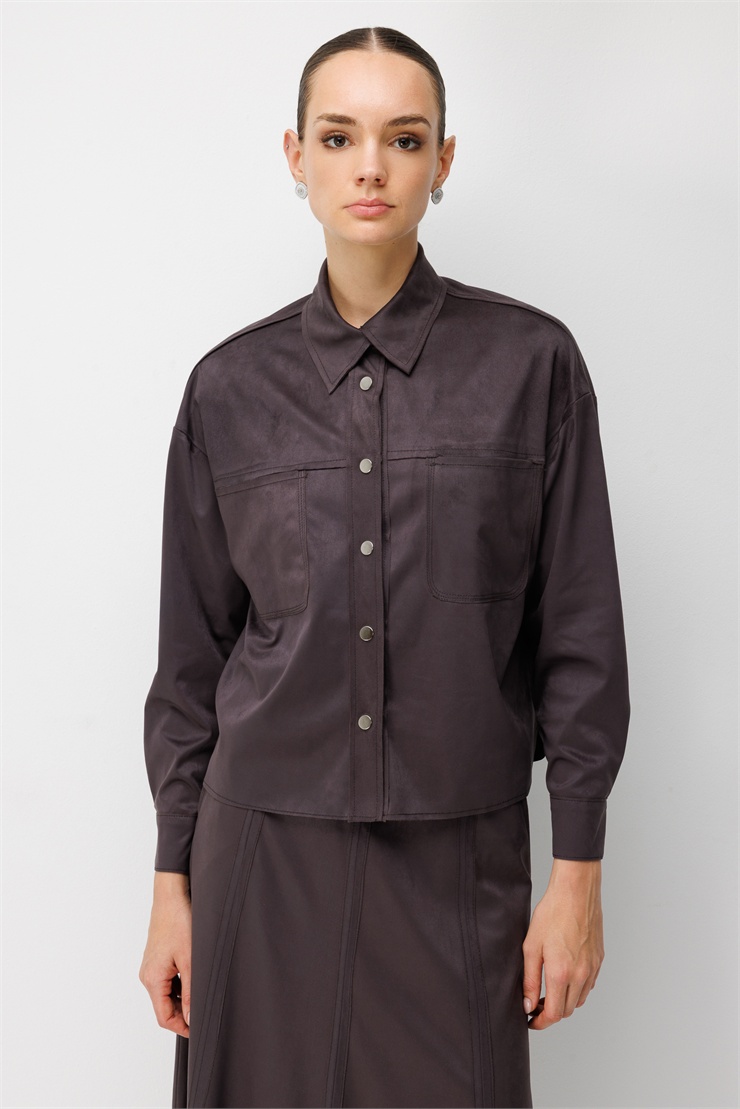 Modailgi  Oversize Pis Dikiş Süet Gömlek - 30109 Kahve