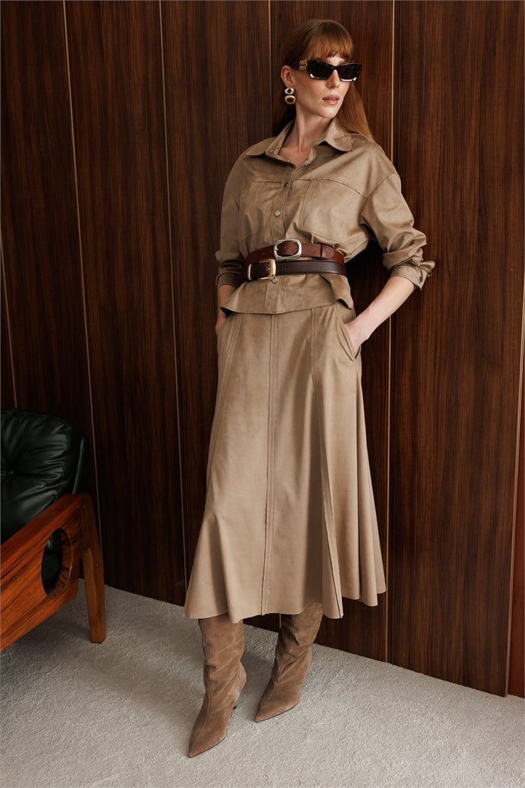 Modailgi  Oversize Pis Dikiş Süet Gömlek - 30109 Vizon