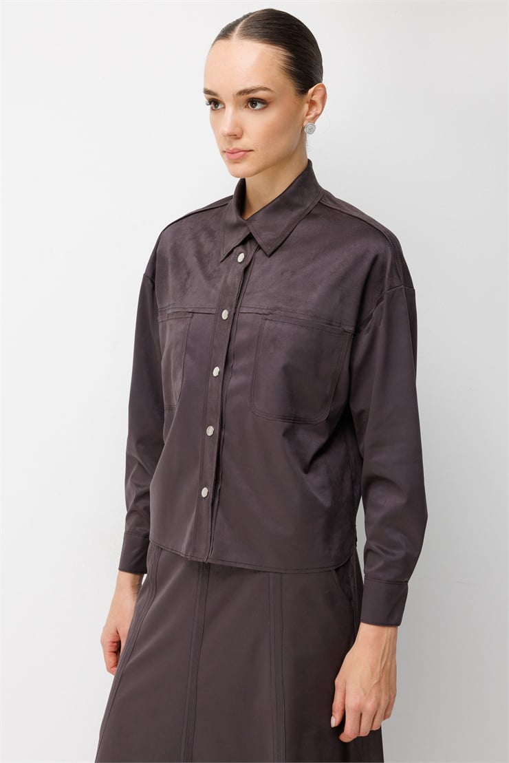 Modailgi  Oversize Pis Dikiş Süet Gömlek - 30109 Kahve