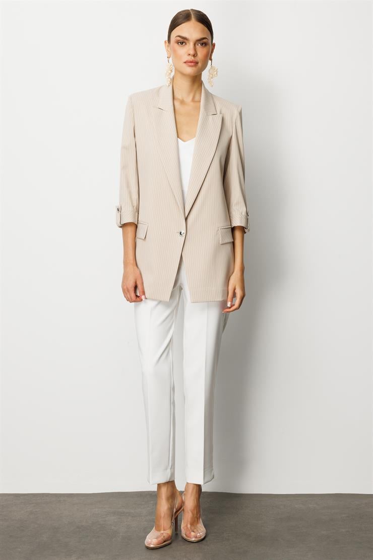 Modailgi  Oversize Tek Düğme Kapama Truvakar Kol Çizgili Yarım Astarlı Ceket Taş