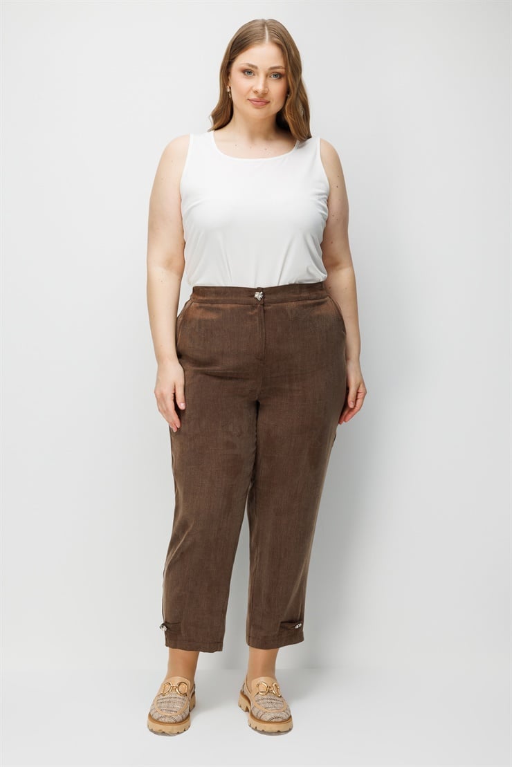 Modailgi  Paçaları Apoletli Kupra Kumaş Yan Cep Pantolon Kahve