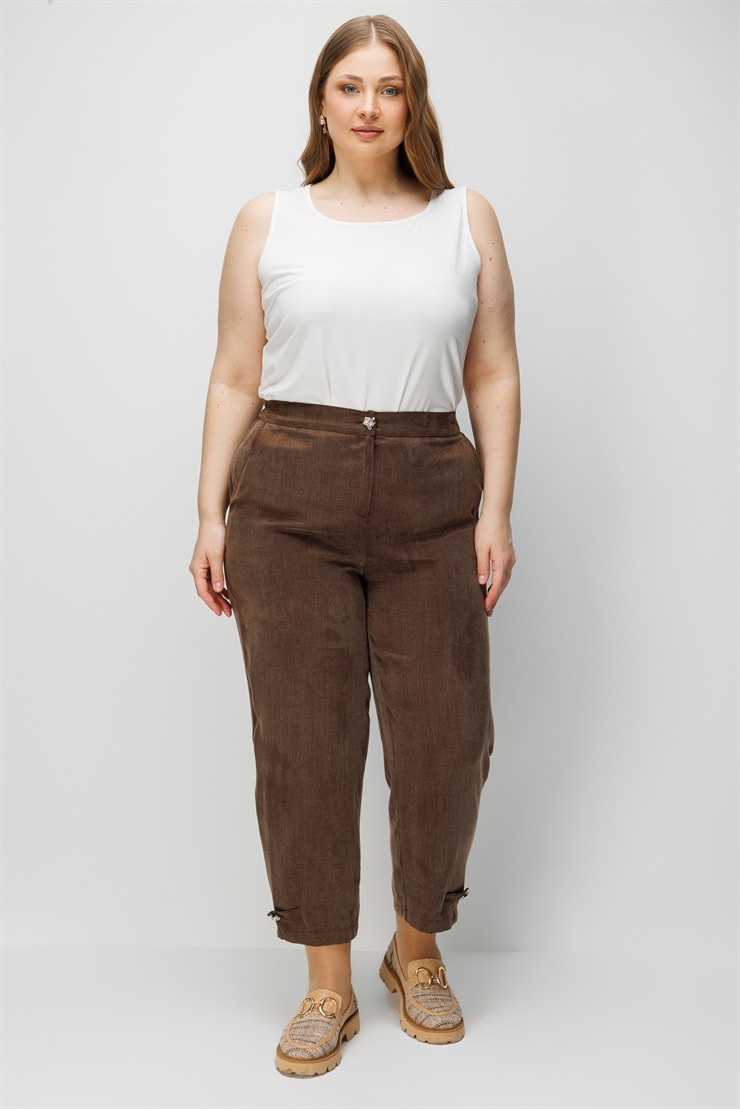 Modailgi  Paçaları Apoletli Kupra Kumaş Yan Cep Pantolon Kahve