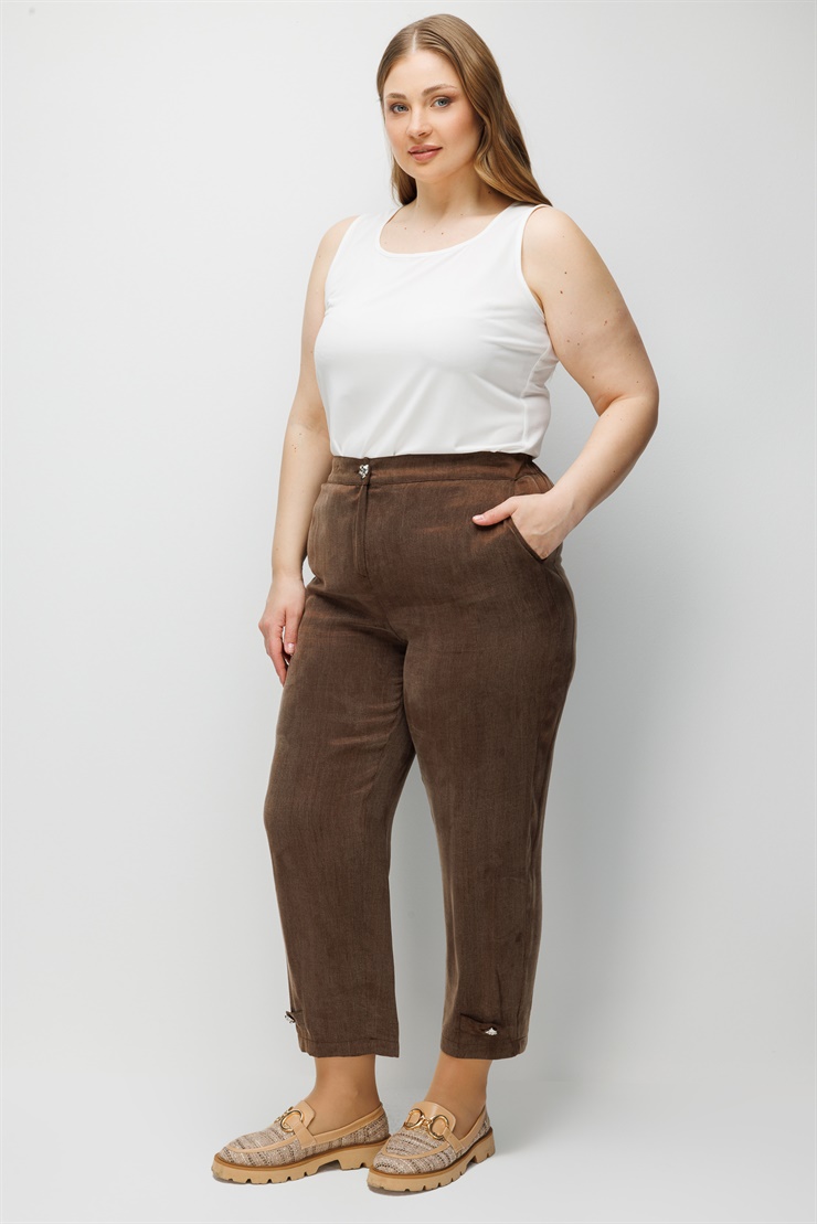 Modailgi  Paçaları Apoletli Kupra Kumaş Yan Cep Pantolon Kahve