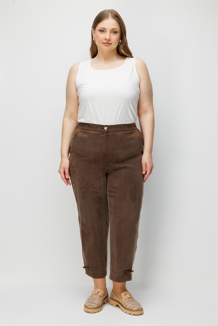 Modailgi  Paçaları Apoletli Kupra Kumaş Yan Cep Pantolon Kahve