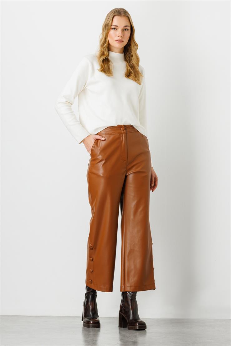 Modailgi  Paçası Düğme Detaylı Deri Pantolon Taba