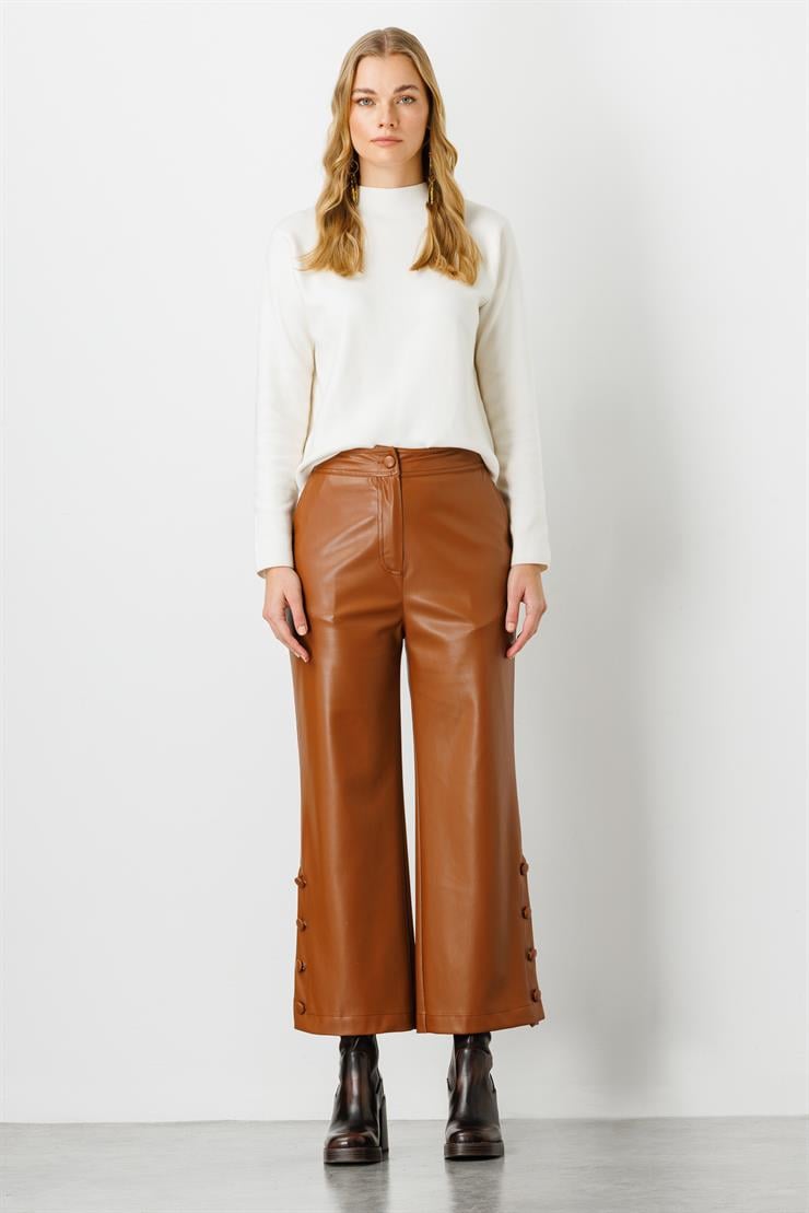 Modailgi  Paçası Düğme Detaylı Deri Pantolon Taba