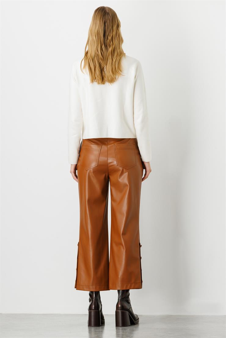 Modailgi  Paçası Düğme Detaylı Deri Pantolon Taba