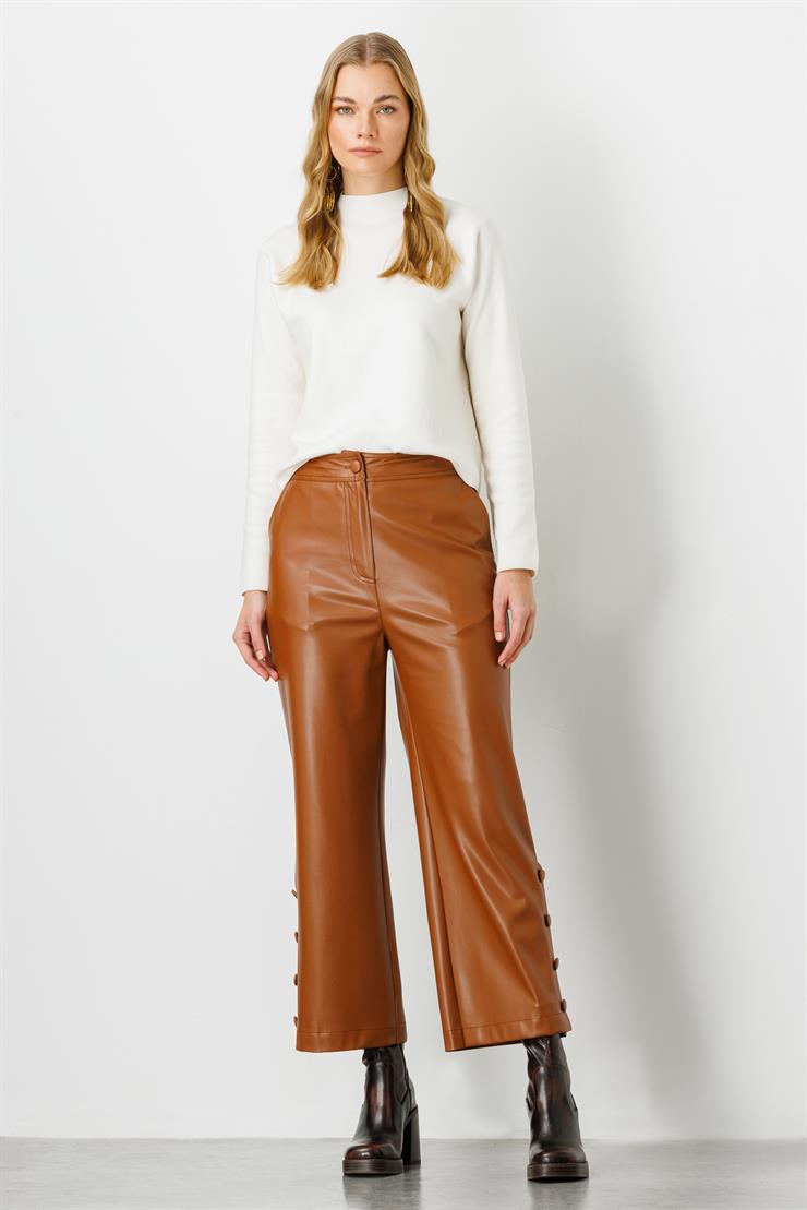 Modailgi  Paçası Düğme Detaylı Deri Pantolon Taba