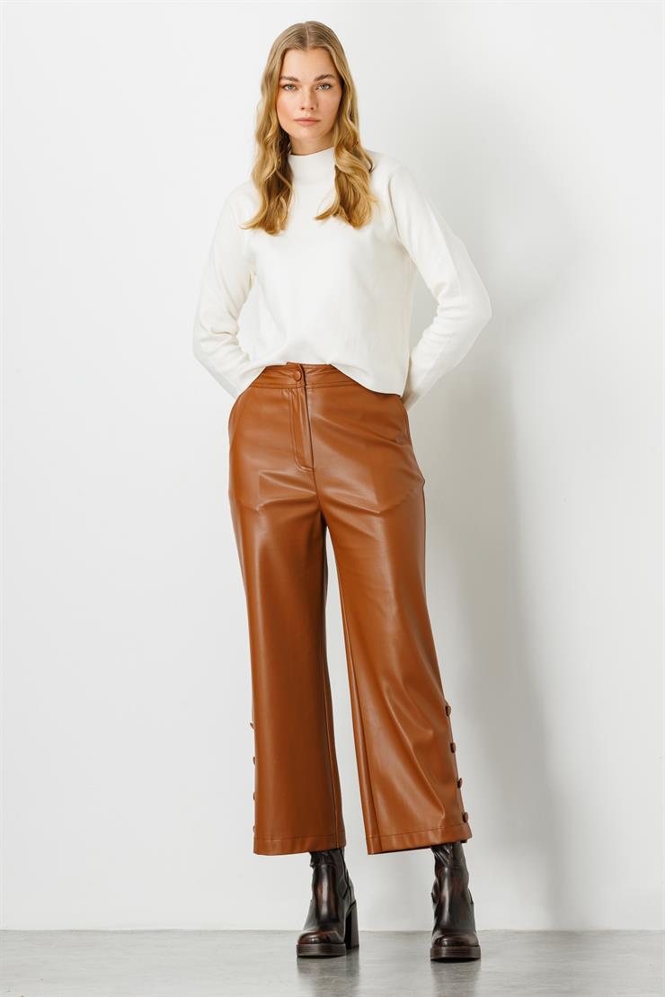 Modailgi  Paçası Düğme Detaylı Deri Pantolon Taba