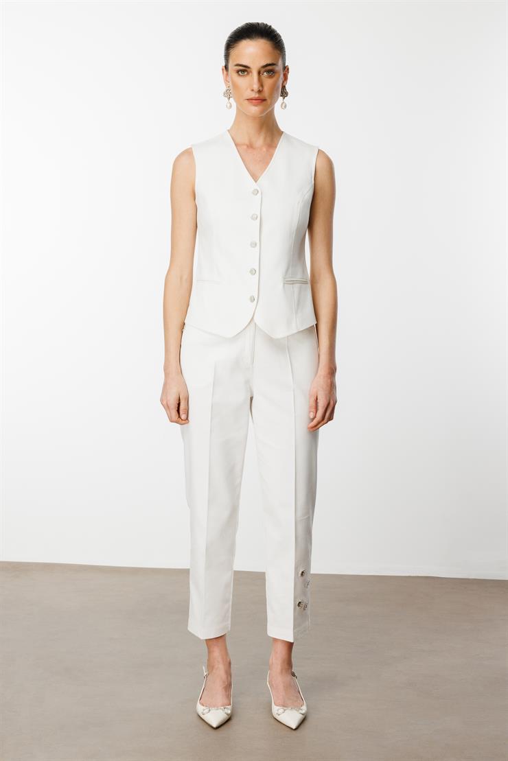 Modailgi  Paçası Kuşgözü ve İnci Detaylı Pantolon - 70041 Ekru