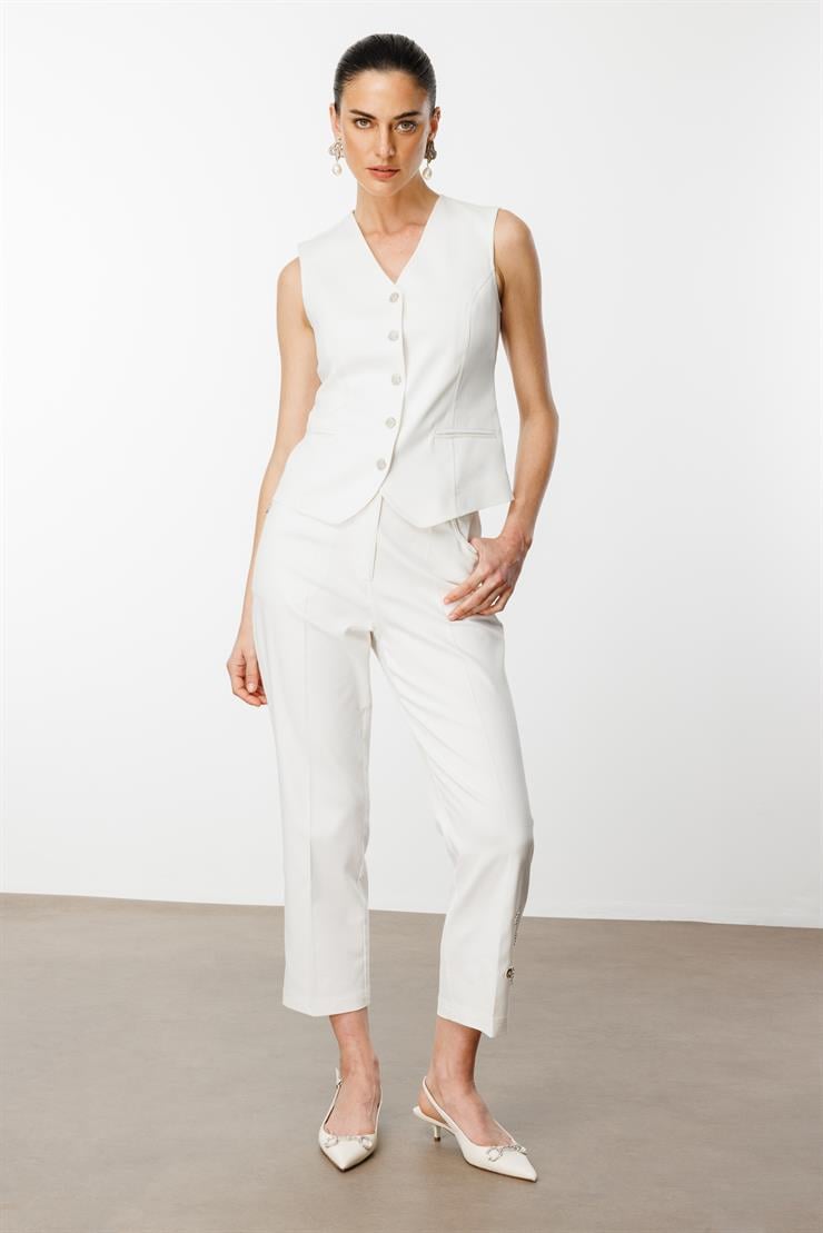 Modailgi  Paçası Kuşgözü ve İnci Detaylı Pantolon - 70041 Ekru