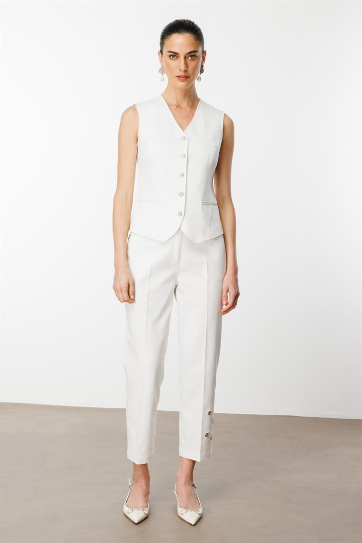 Modailgi  Paçası Kuşgözü ve İnci Detaylı Pantolon - 70041 Ekru