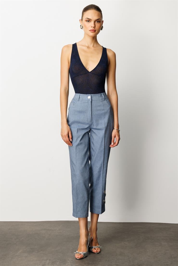 Modailgi  Paçası Kuşgözü ve İnci Detaylı Pantolon - 70041 İndigo