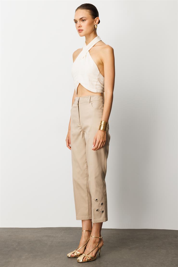 Modailgi  Paçası Kuşgözü ve İnci Detaylı Pantolon - 70041 Taş