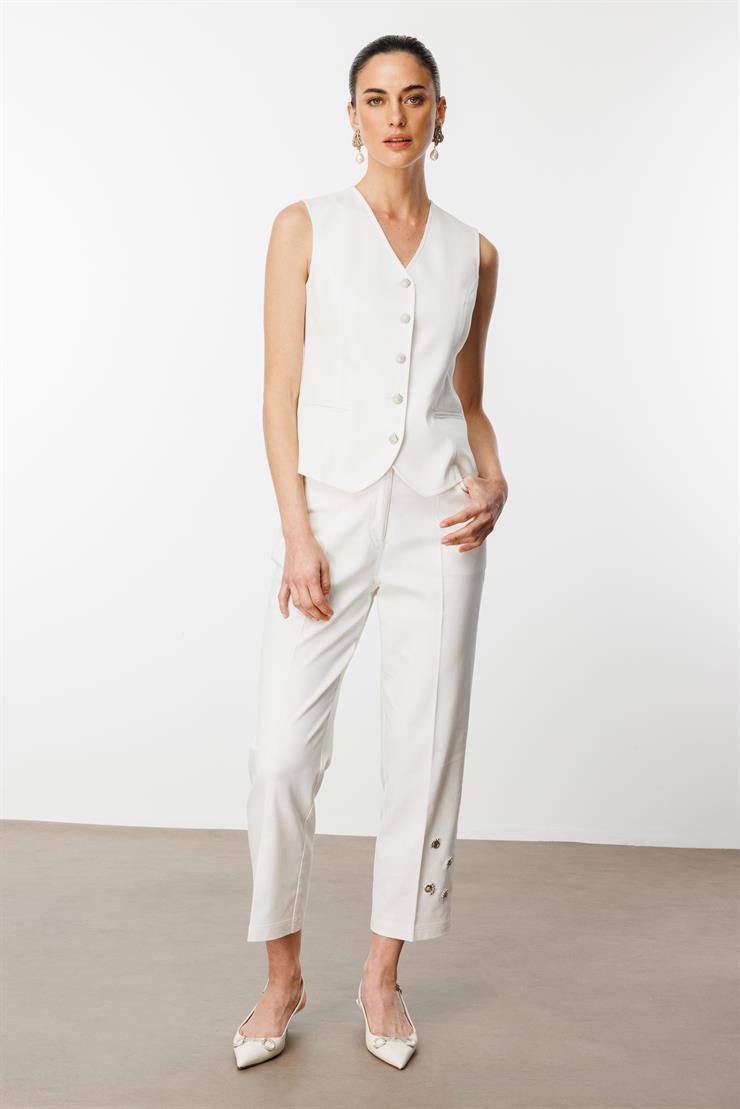 Modailgi  Paçası Kuşgözü ve İnci Detaylı Pantolon - 70041 Ekru