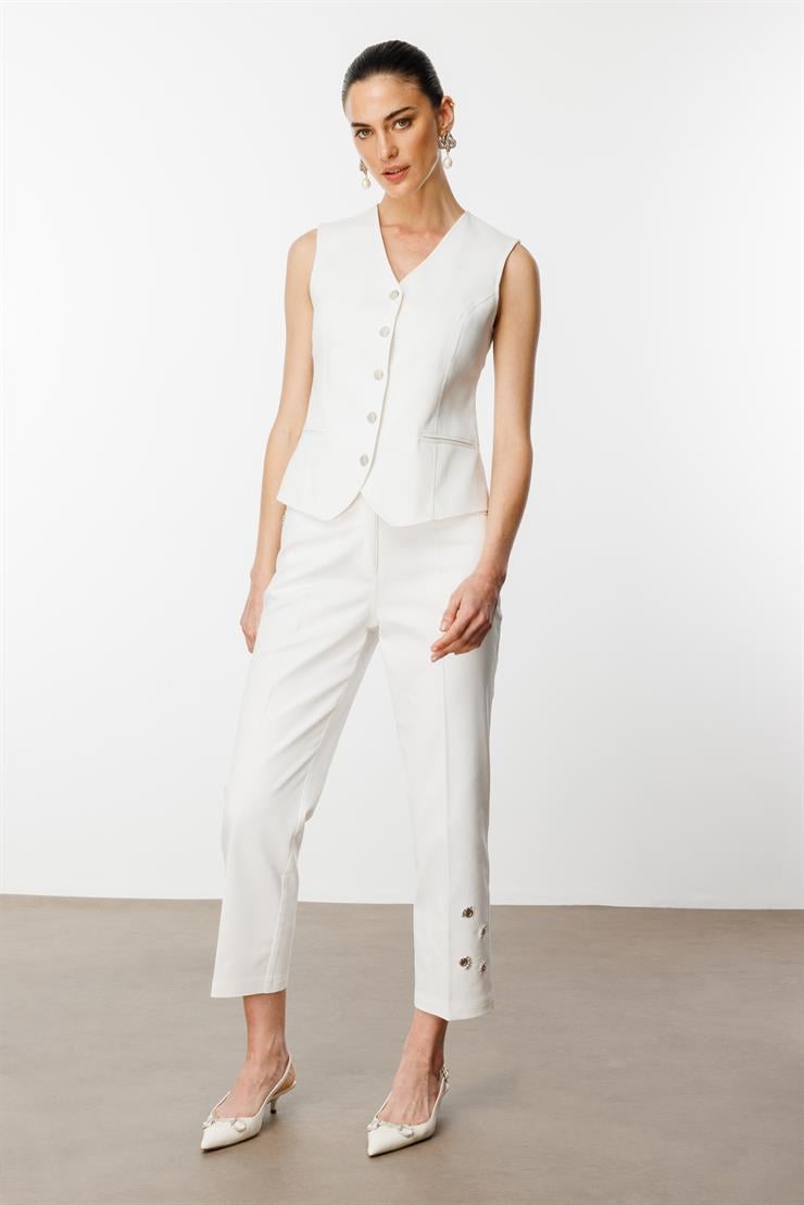 Modailgi  Paçası Kuşgözü ve İnci Detaylı Pantolon - 70041 Ekru